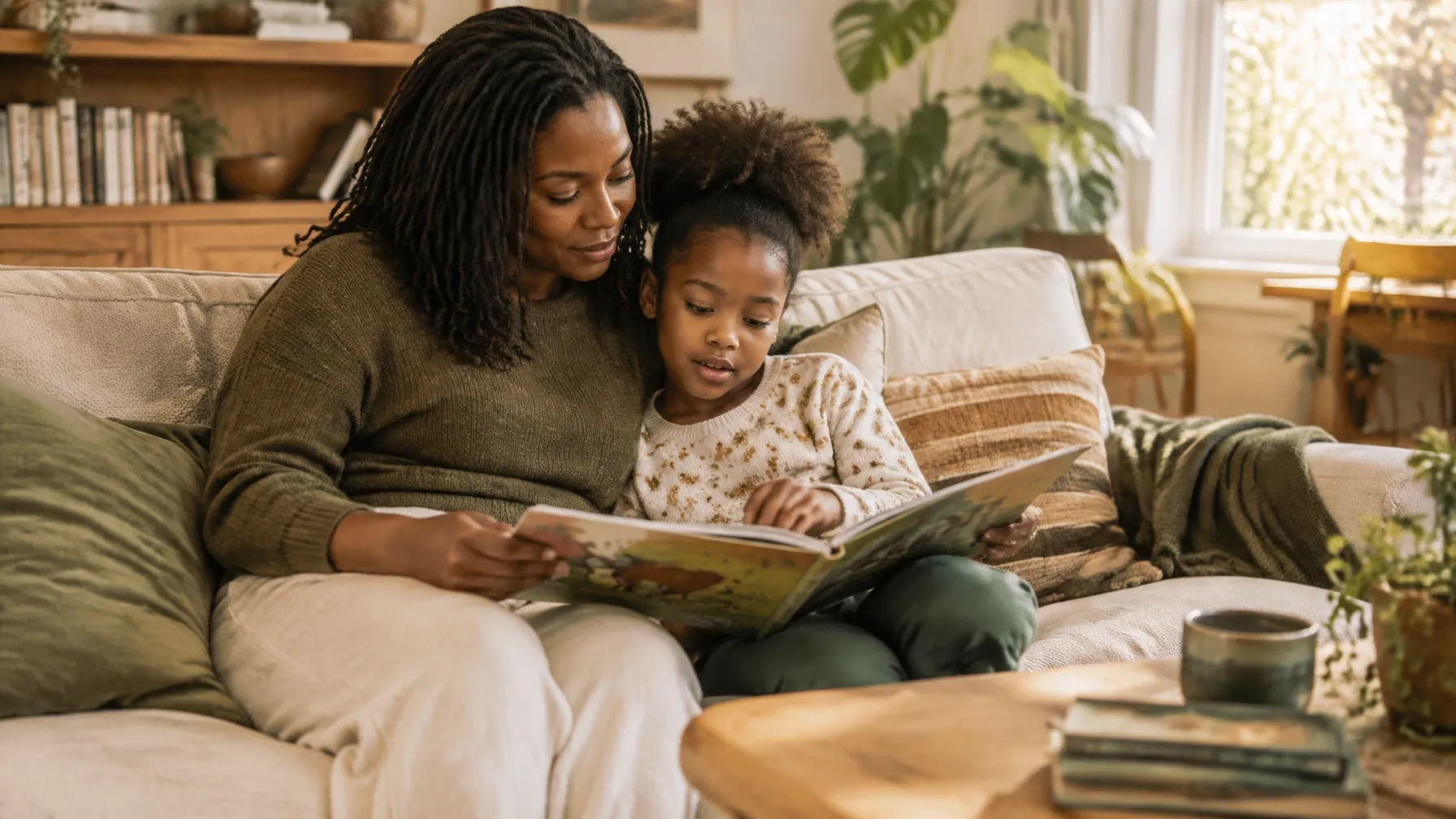 A Black parent and child reading a book together on a couch