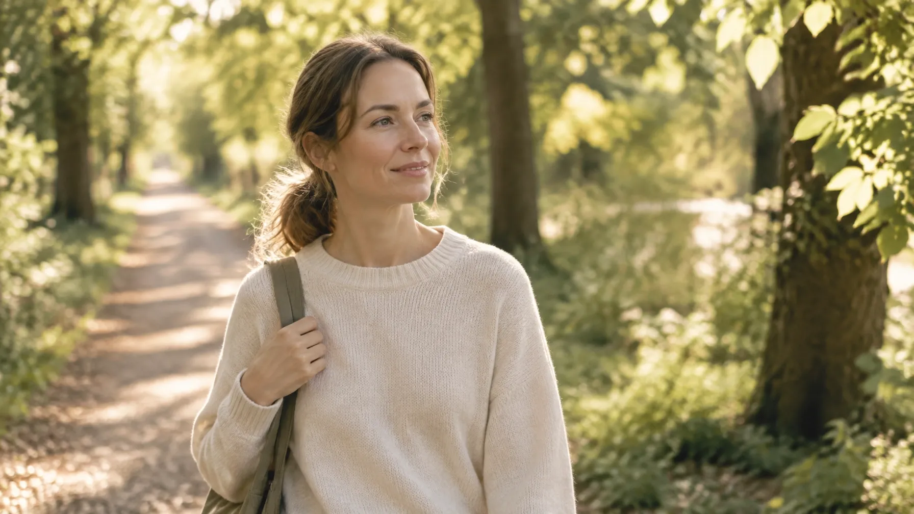 A woman walking along a sunlit tree-lined path, supporting her mental health through time outdoors