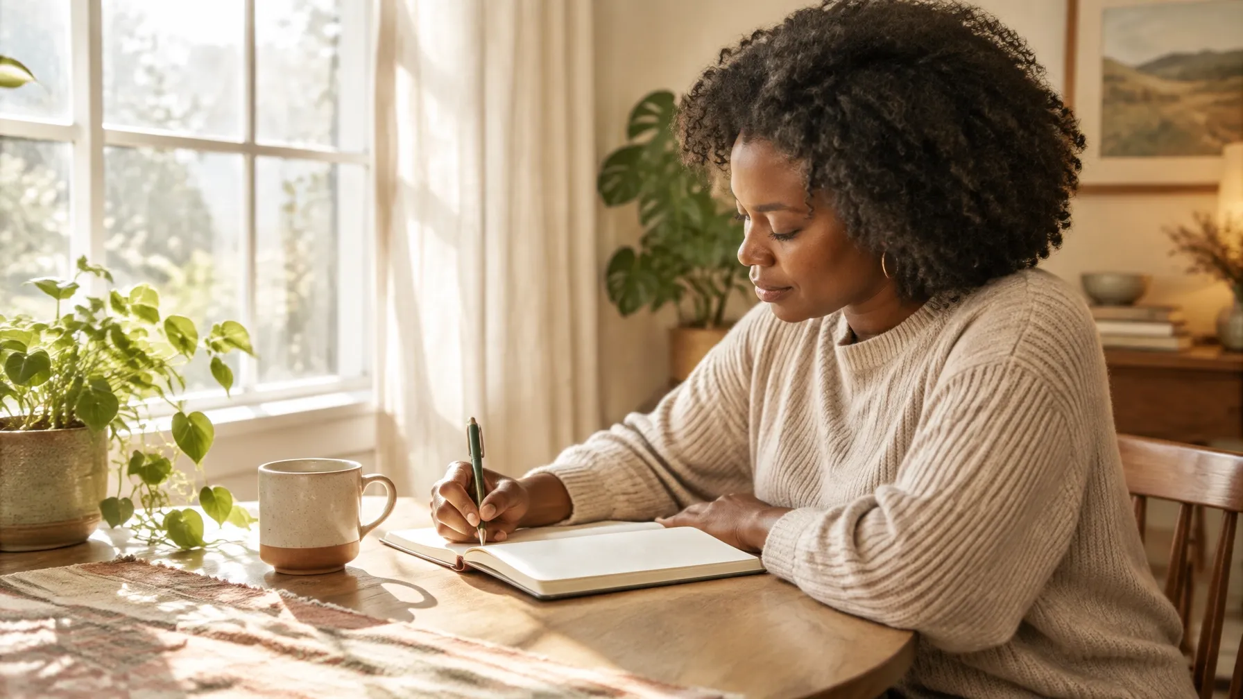 A Black woman journaling at a table beside a bright window