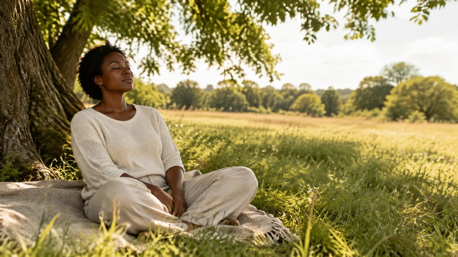 A Black person resting calmly beneath a tree in a sunlit meadow