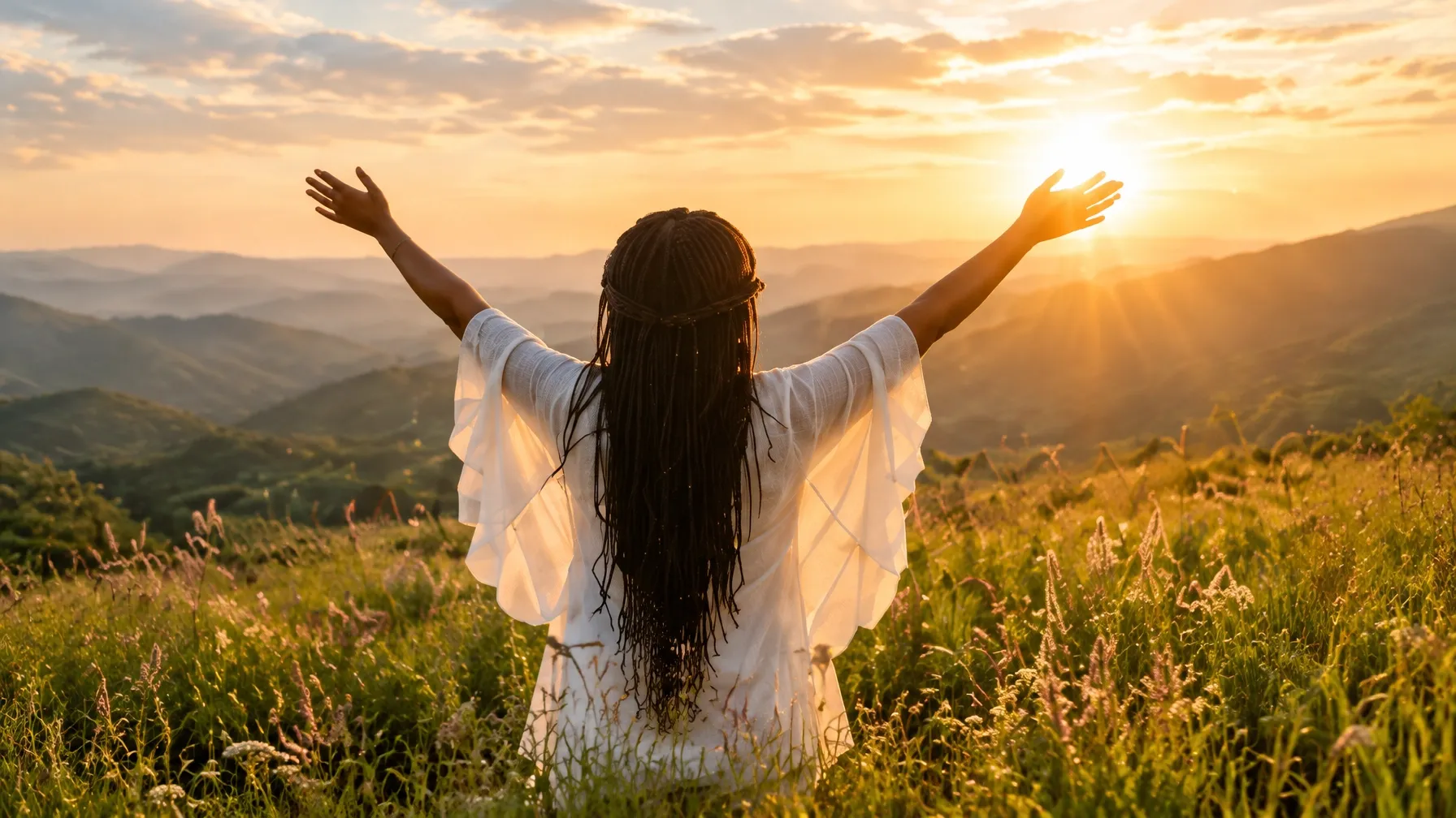 Woman standing with arms open in a sunlit mountain field at sunset