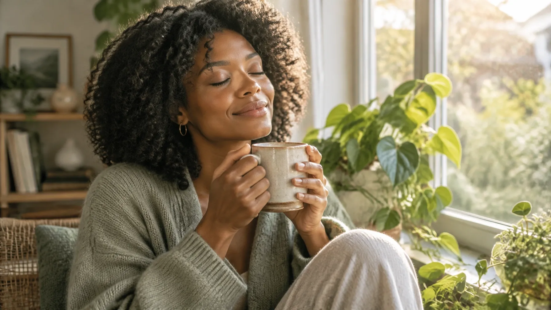 A woman enjoying a quiet moment with a warm cup of tea, a practice of self-compassion