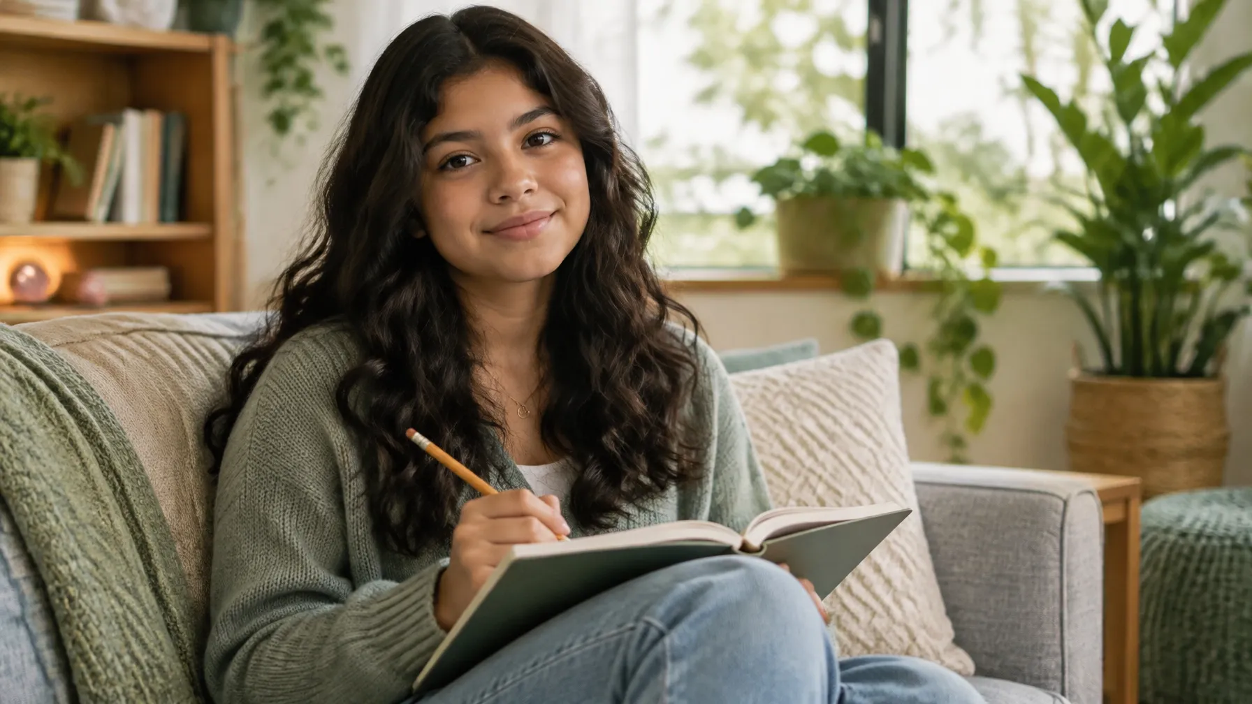 A Latina teenager writing in a notebook during a counseling session