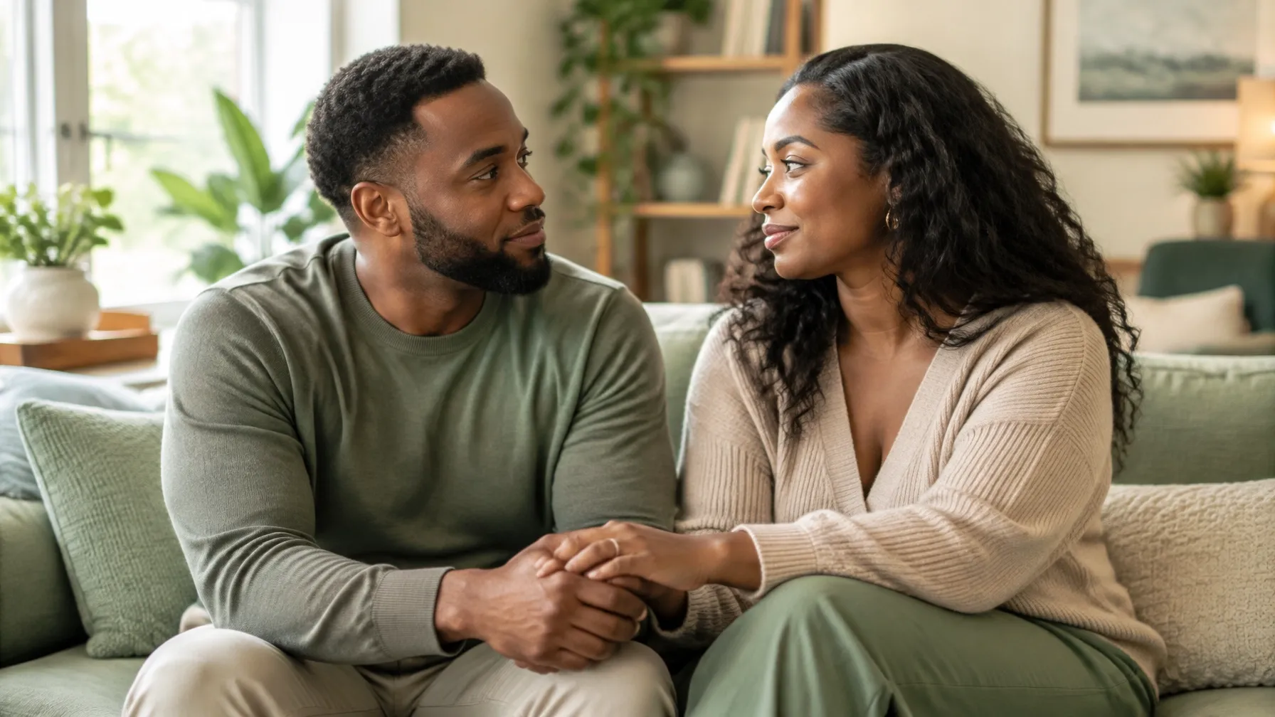 A Black couple holding hands on a couch during couples counseling