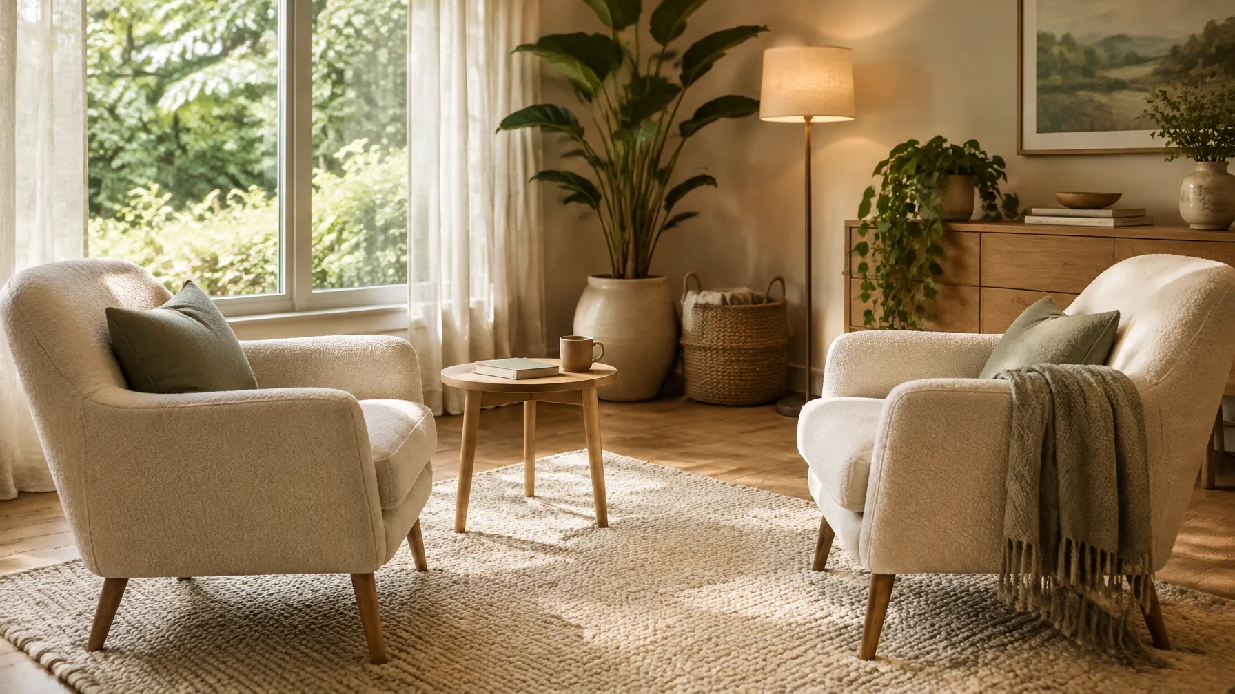 A calm, welcoming therapy room with two armchairs and soft natural light