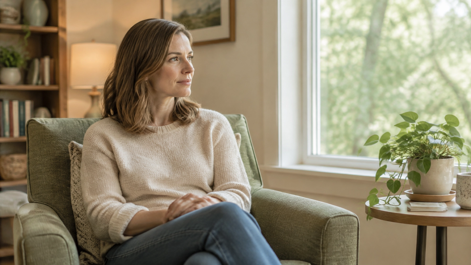A white woman sitting alone in a soft sage armchair by a window during individual counseling