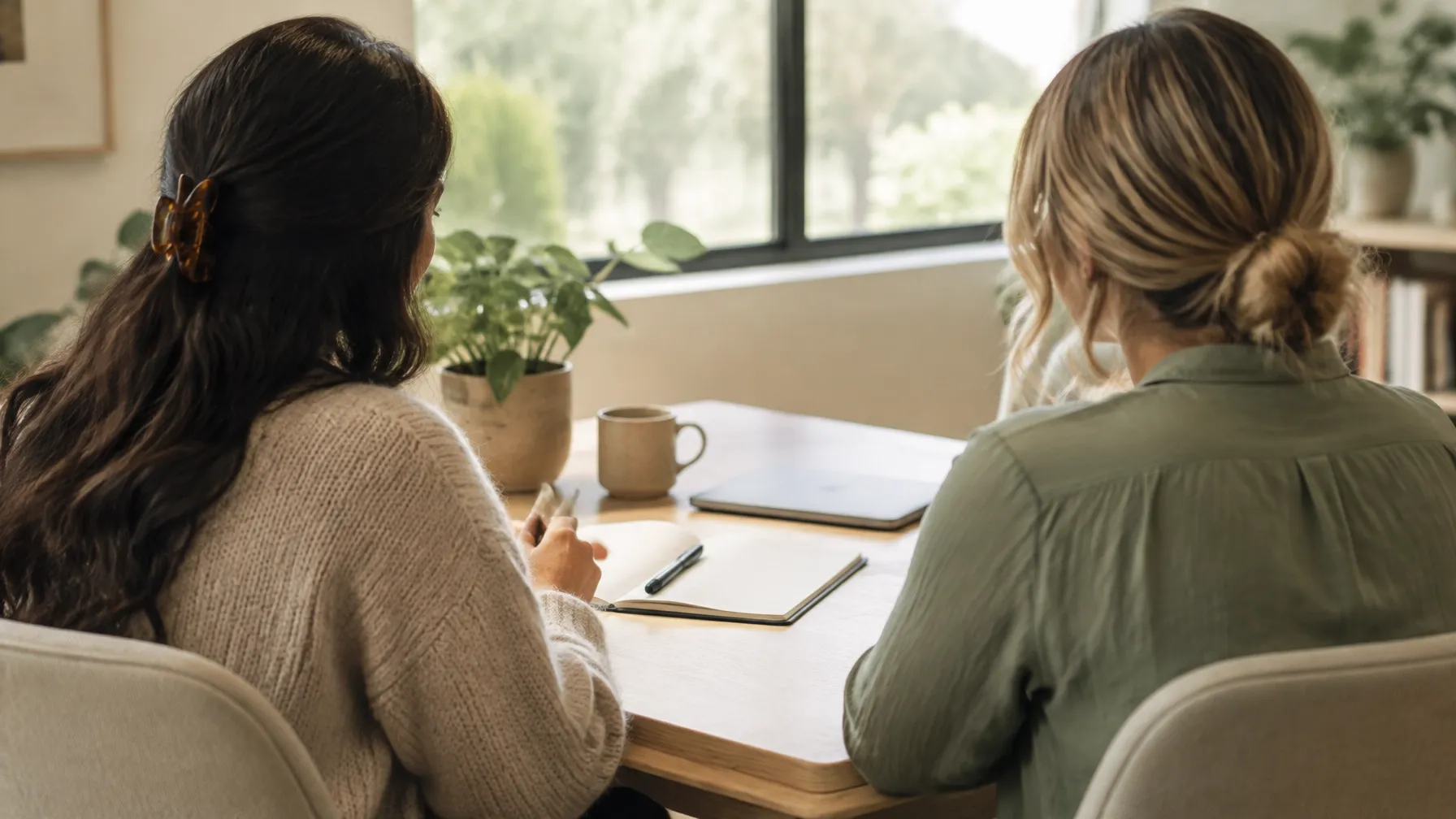 Two Black women clinicians in conversation at a table during clinical supervision