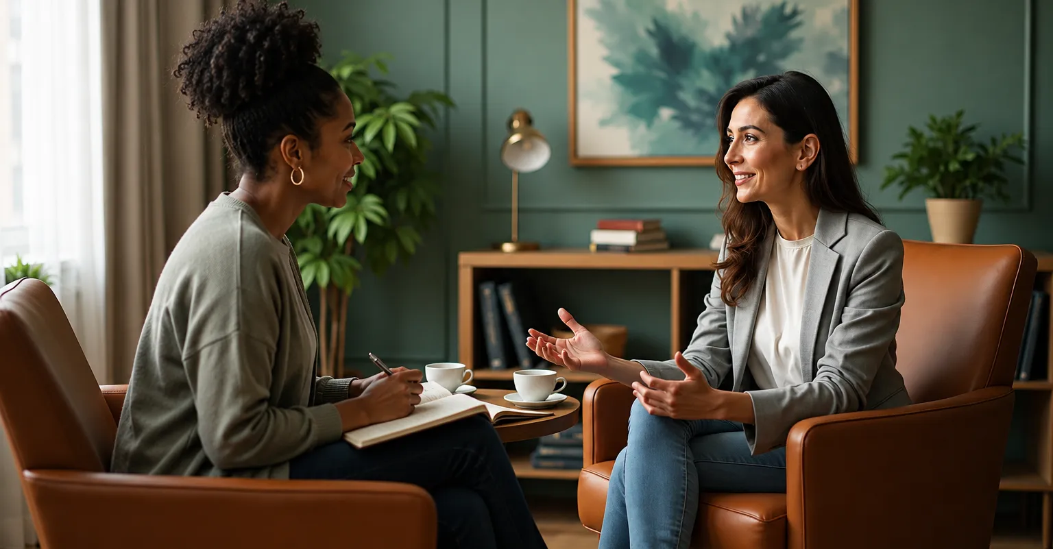 Two clinicians in a warm office conversation during clinical supervision