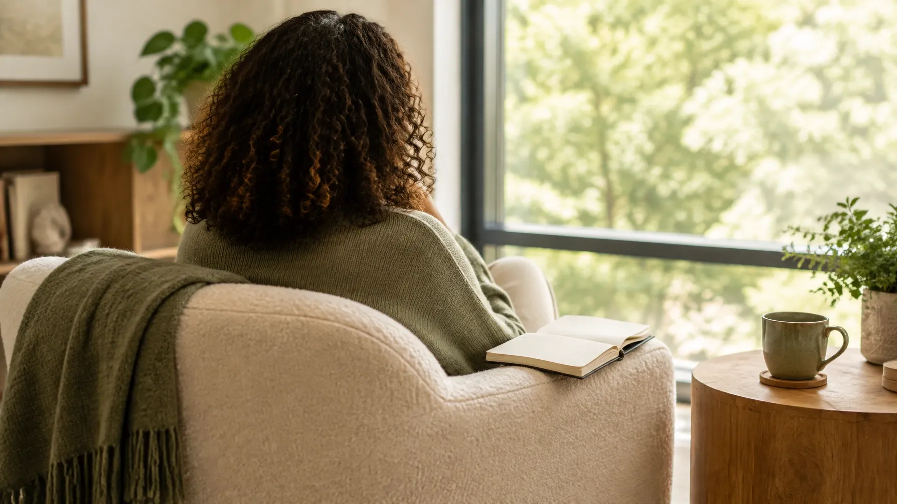 A clinician facing a bright window during a reflective supervision session